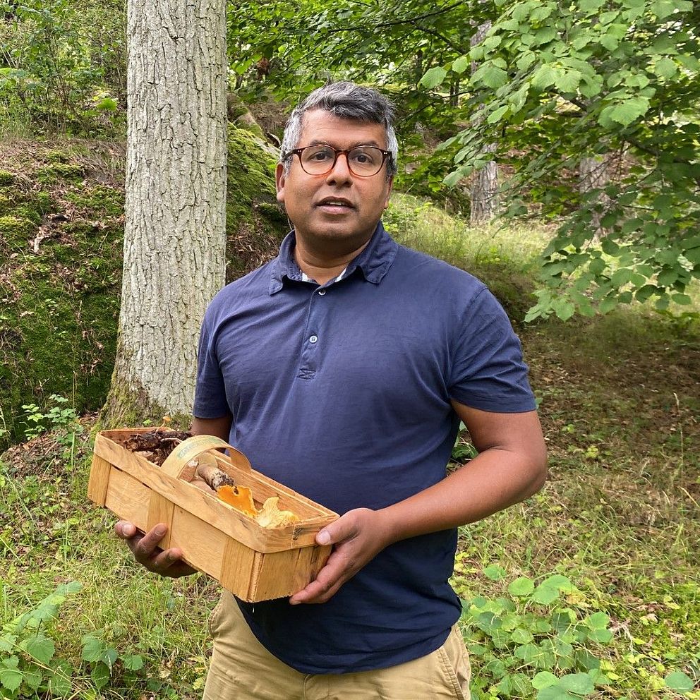 Man med svampkorg som tittar in i kameran.