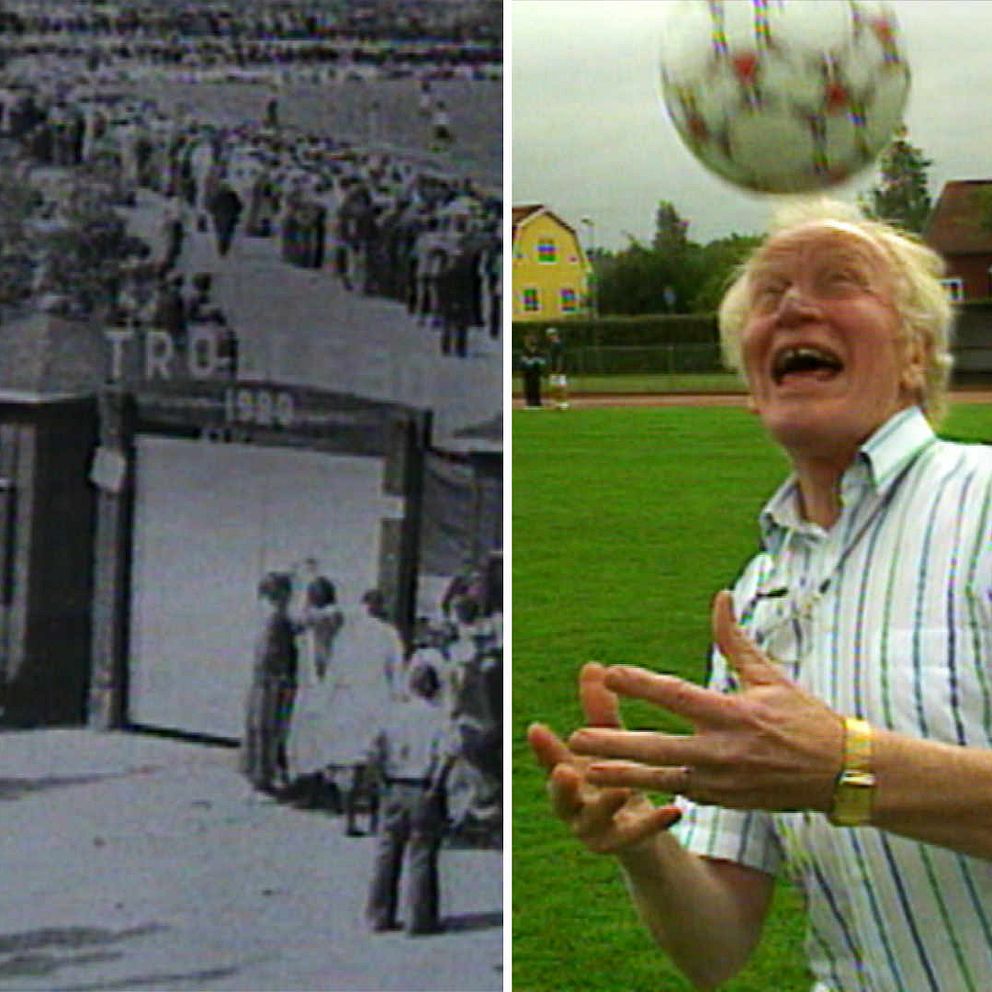 En serietabell. En gammal vybild över Trollebo IP i Hallstahammar. Och en bild på underhållaren Thore Skogman som nickar en fotboll.