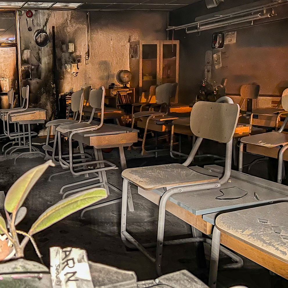 Förstört klassrum i en skola i Tygelsjö