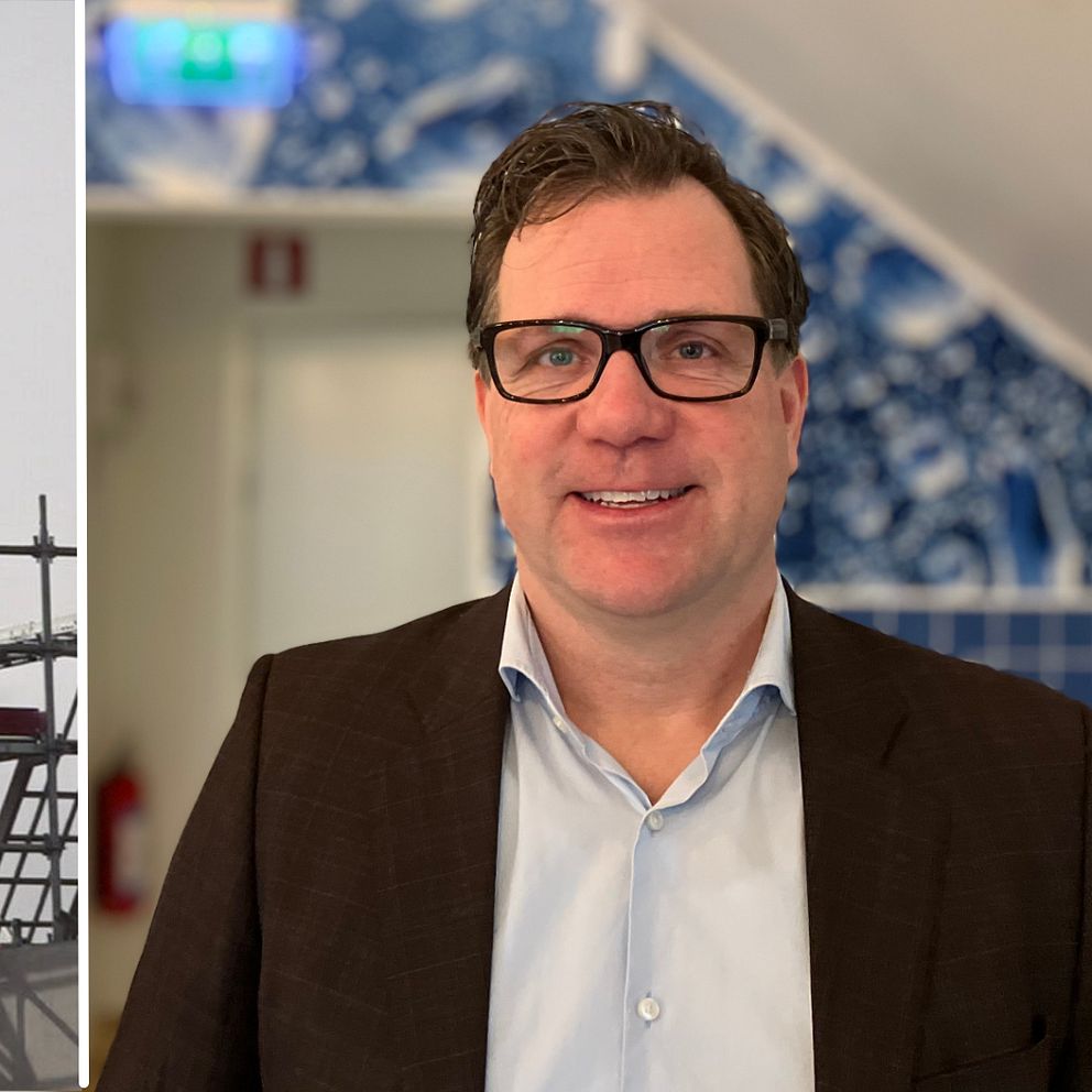 Tvådelad bild. Vänster: Byggställning vid höghus. Höger: Person i kostym i inomhusmiljö.