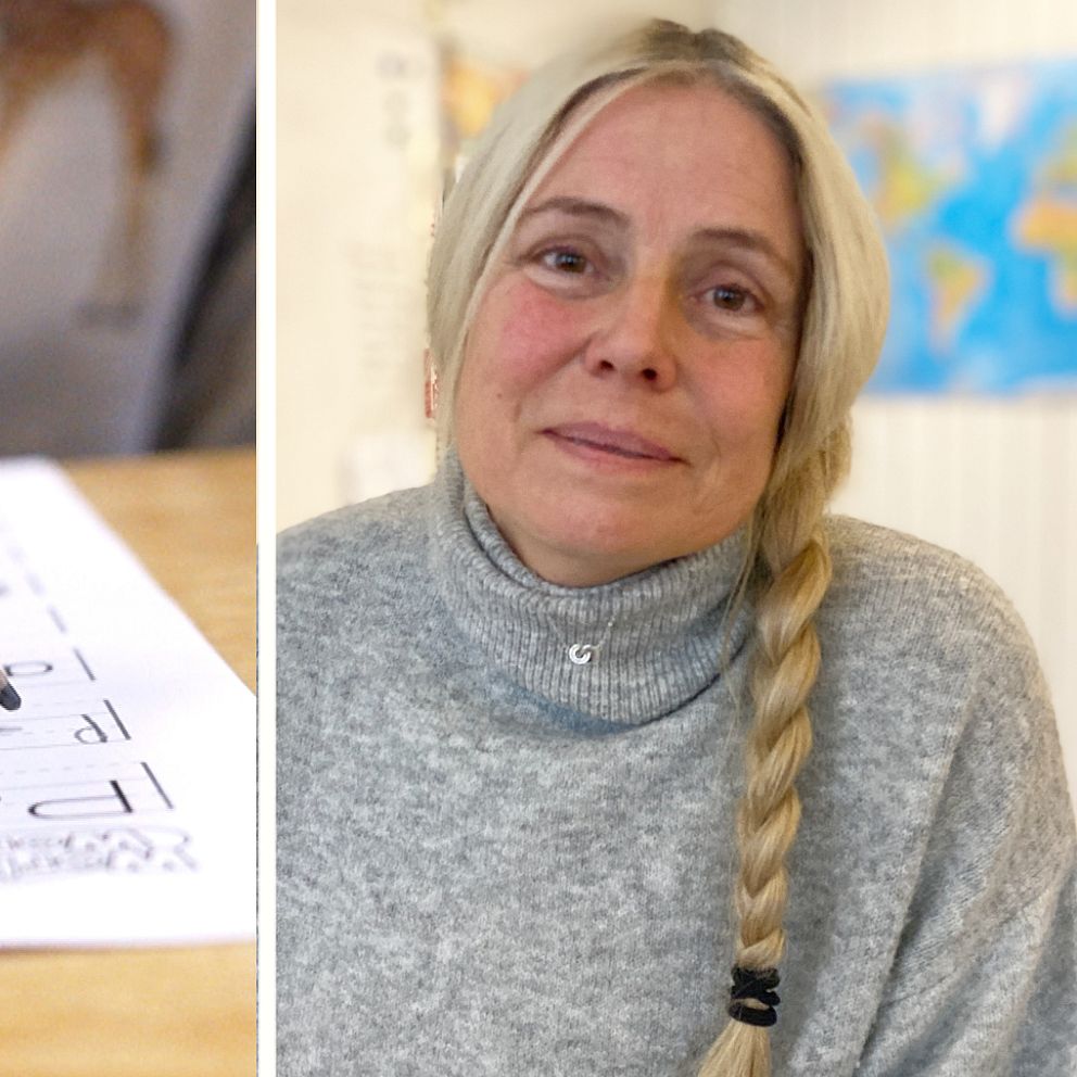 En delad bild. Till vänster en hand som håller i en blyertspenna och skriver på ett arbetsblad med text och frågor. Till höger en bild på Marie Lindgren, klasslärare på Västangårds skolan i Umeå