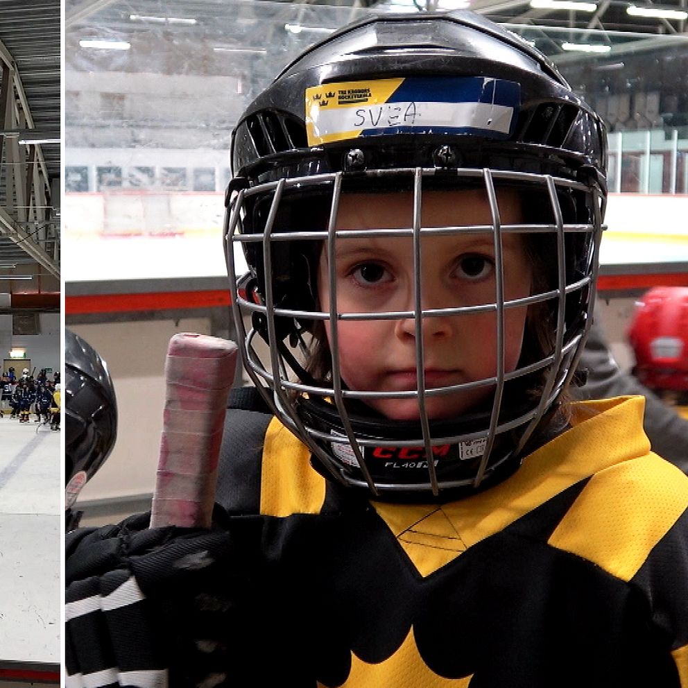 En delad bild som visar en isrink med många unga hockeyspelare i färgglada dräkter som spelar match på vänster sida. Till höger syns en spelare i en svart och gul dräkt som håller en hockeyklubba, förberedd för spel.