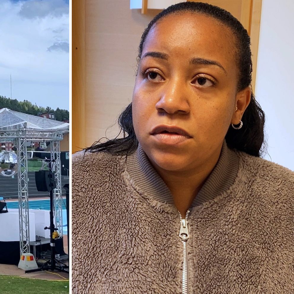 Mayra Carabali som är mamma till ena pojken som blev avisad från Playa Festival. till höger och en översiktsbild på festivalområdet till vänster