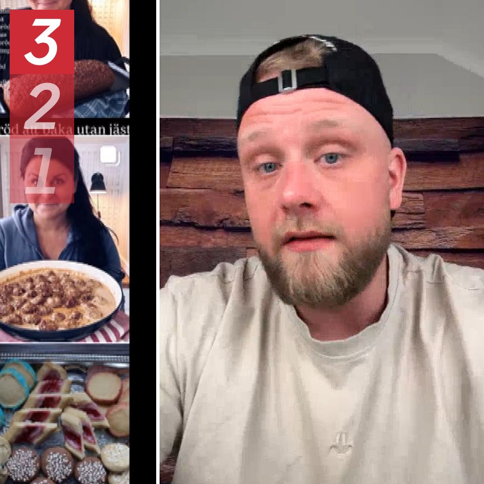 Delad bild. Vänster: Matbilder från sociala medier. Höger: Person i vit tröja.