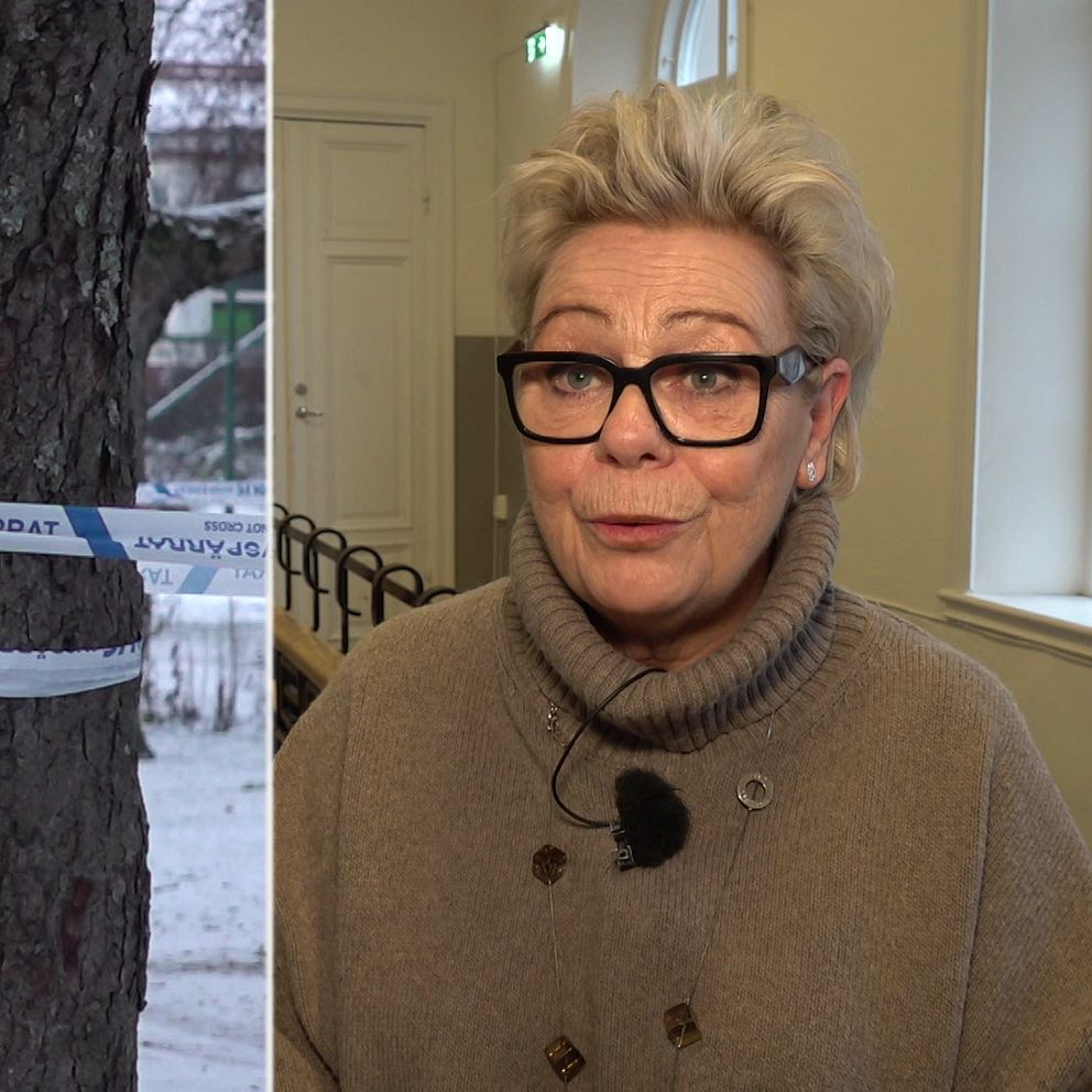 Delad bild: Till vänster syns två träd med polisavspärrning, en polisbil och snö på marken i bakgrunden. Till höger är en person som är oskarp och därför inte kan identifieras, med en interiör bakgrund som inkluderar en dörr och fönster.