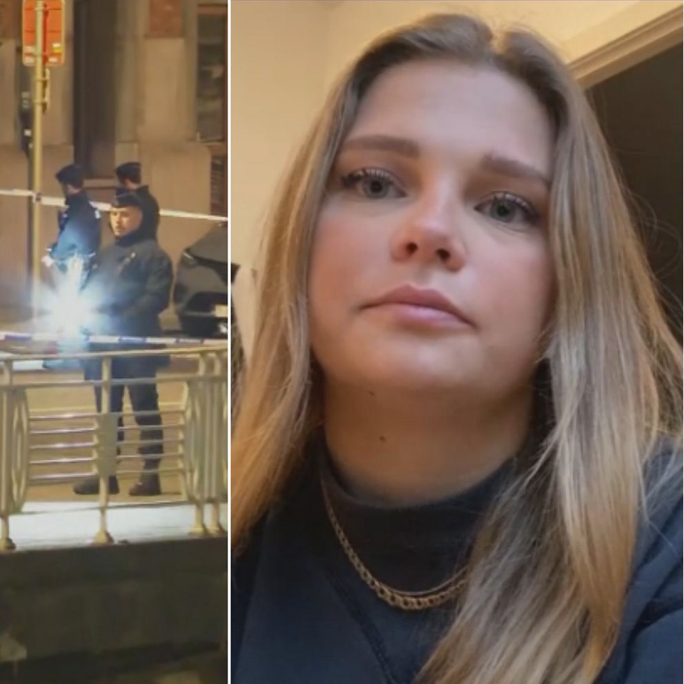 splitbild med poliser på gata och kvinna