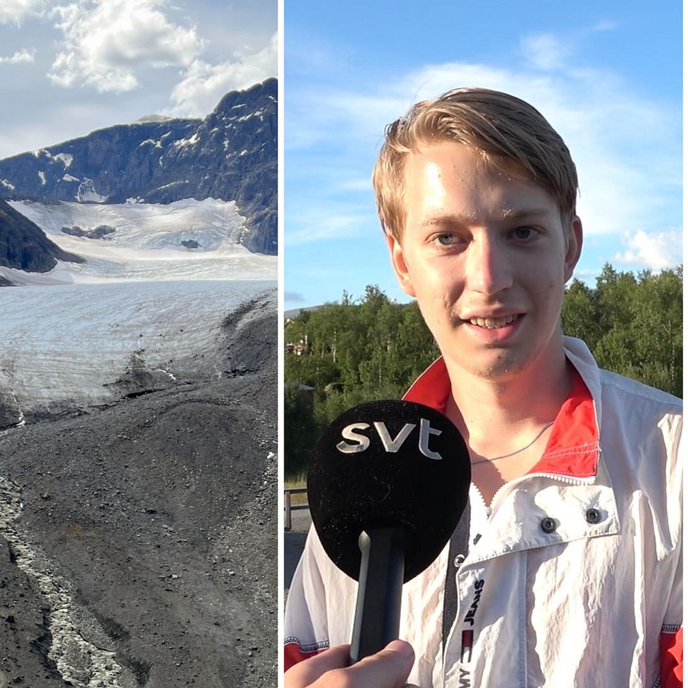Splittbild med 3 bilder: 1. Ung man som tittat in mot centrum. 2. glaciär. 3. ung man som tittat in i kameran.