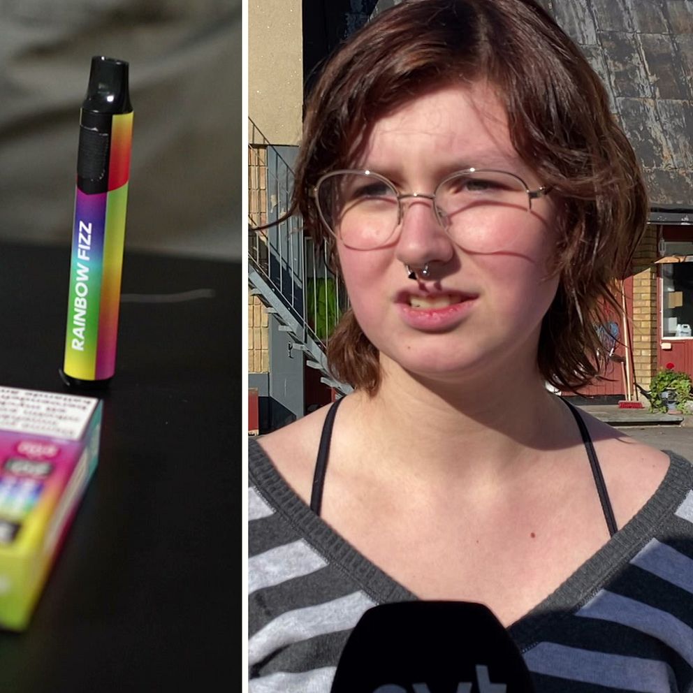 Splitbild med färgglada vejpcigaretter till vänster elever Freja Gustafsson till höger.