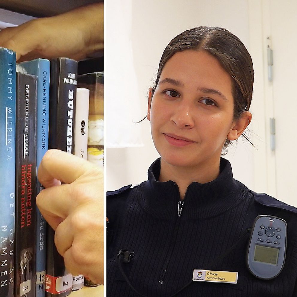Böcker som står i en bokhylla och till höger en kvinna med uniform.
