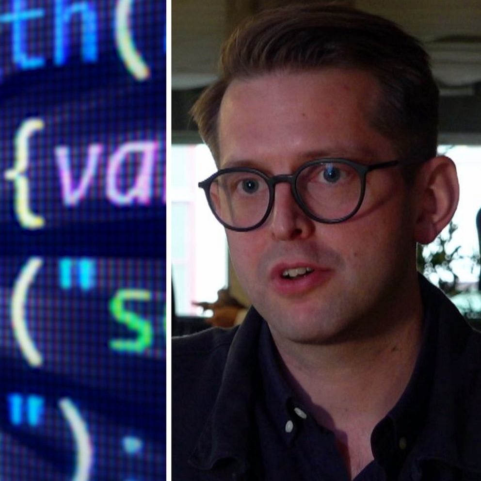 Tvådelad bild: Datakod på en datorskärm och Daniel Landkilde, vd för dataföretaget Kognic.