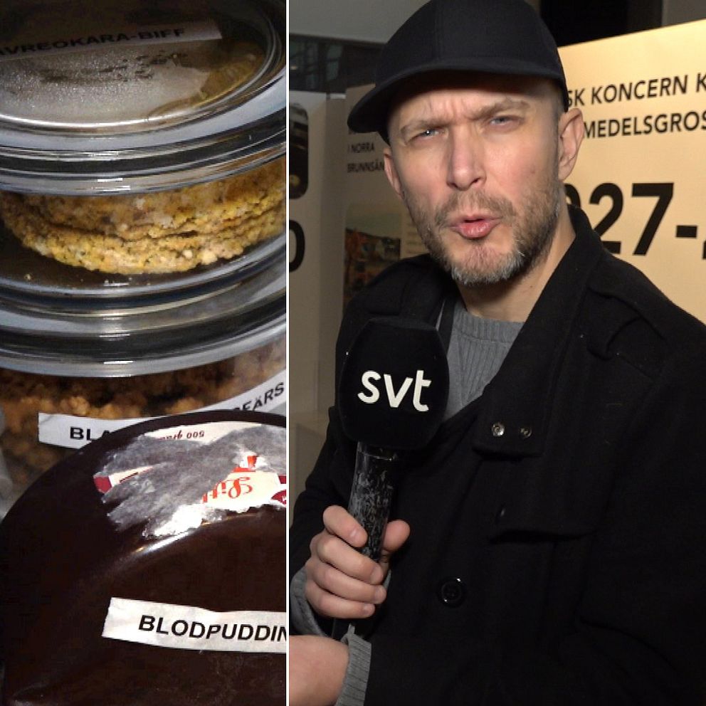 En AI-människa på en tv apparat, blodpudding samt reporter Patrik Airosto.