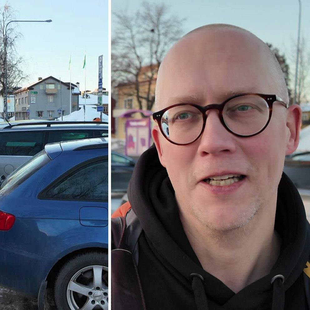 Bilden är delad i två sektioner. Den vänstra sektionen visar en rad parkerade bilar längs en snötäckt gata kantad av träd och byggnader i ett bostadsområde under vintern.