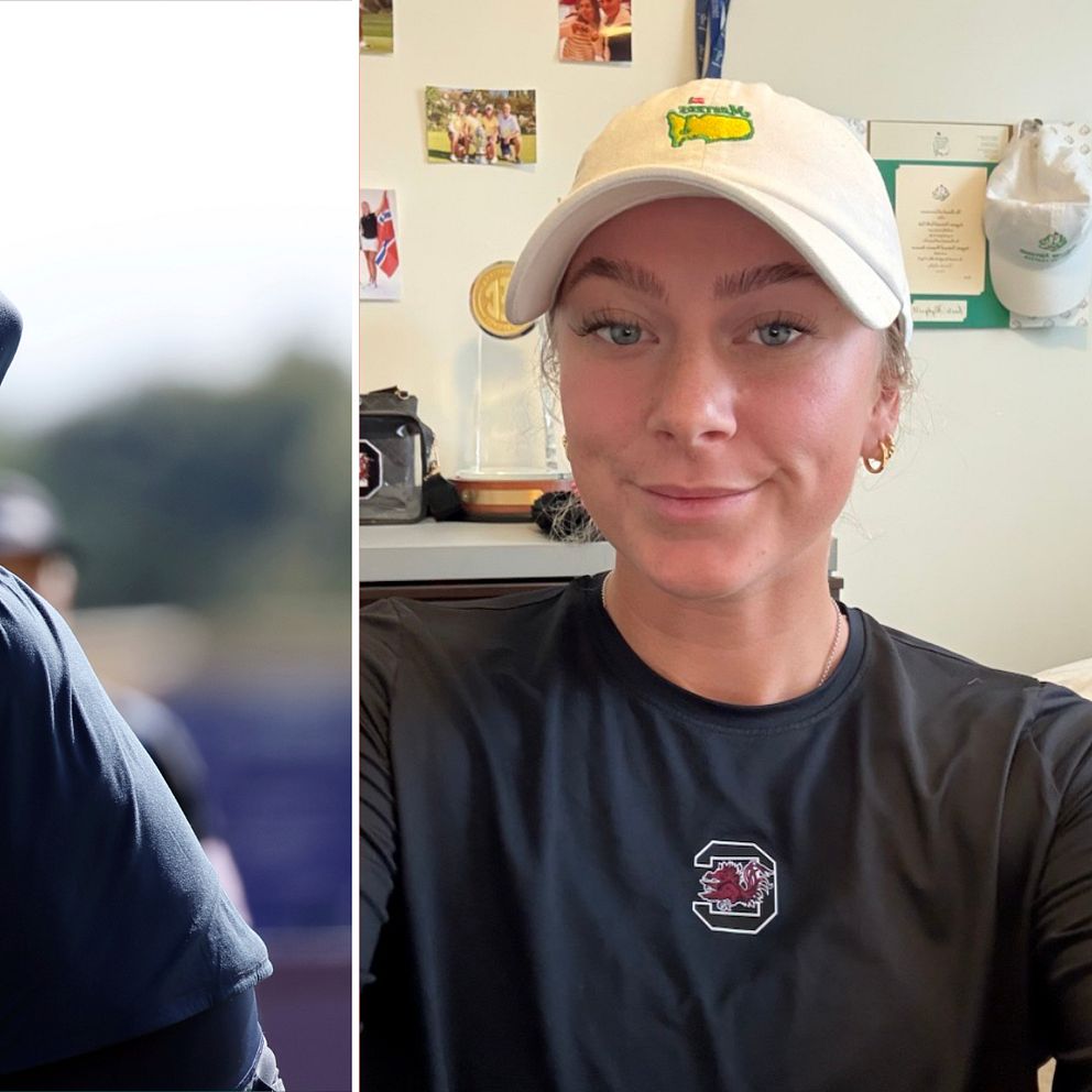 En bild delad i två sektioner. Vänstra sektionen visar en Louise Rydqvist från Värnamo i en svingrörelse på en golfbana. Högra sektionen visar en Louise Rydqvist iklädd en vit keps och en mörk tröja som sitter inomhus framför en vägg med diverse dekorationer.