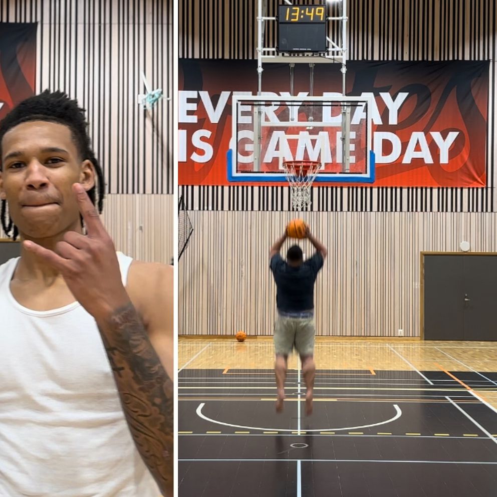 SVT:s reporter försöker dunka som ett basketproffs