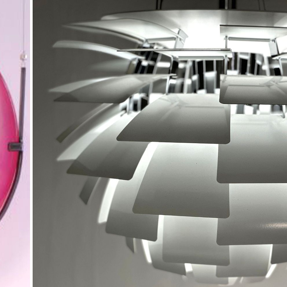 Glasskulptur av Ulrica Hydman Vallien  och en lampa av modell ”Kotte”