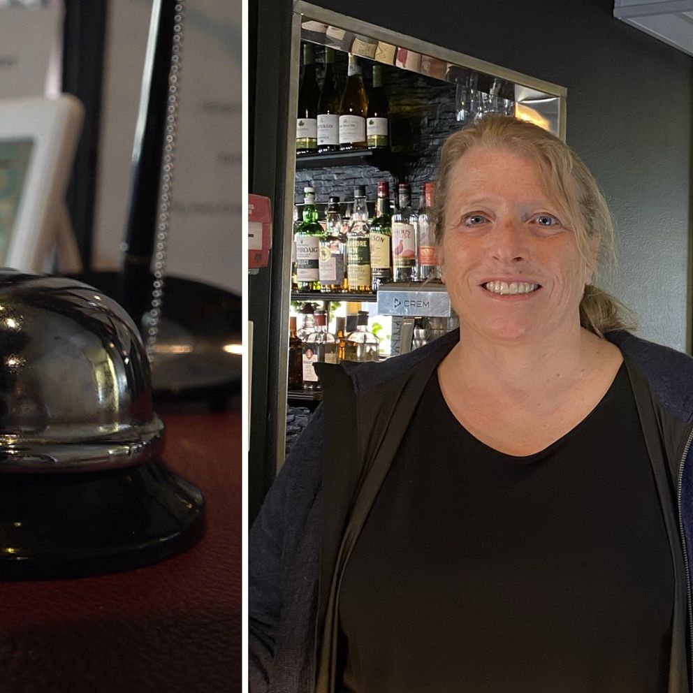 Delad bild. En plingklocka i en reception på bilden till vänster och hotellägaren Maria Johansson på bilden till höger.