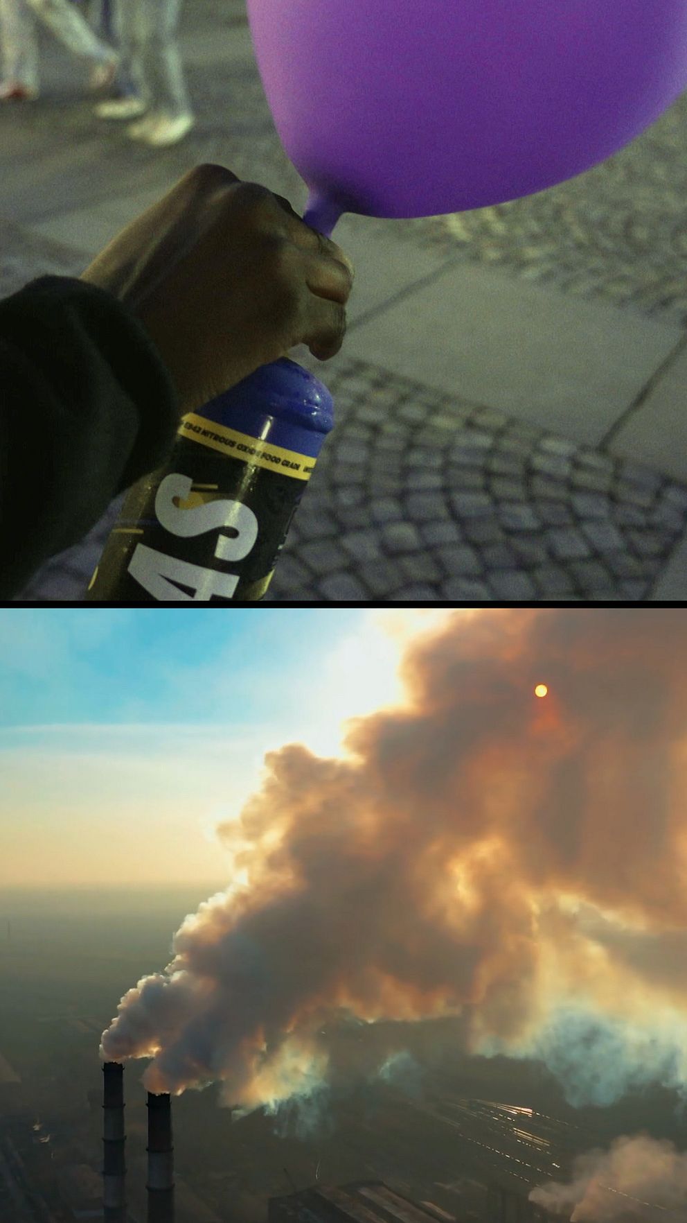 En delad bild som visar två scener: den övre delen visar en hand som håller en lila ballong och en lustgastub, medan den nedre delen visar rök som kommer ut från två skorstenar i en industriell miljö.