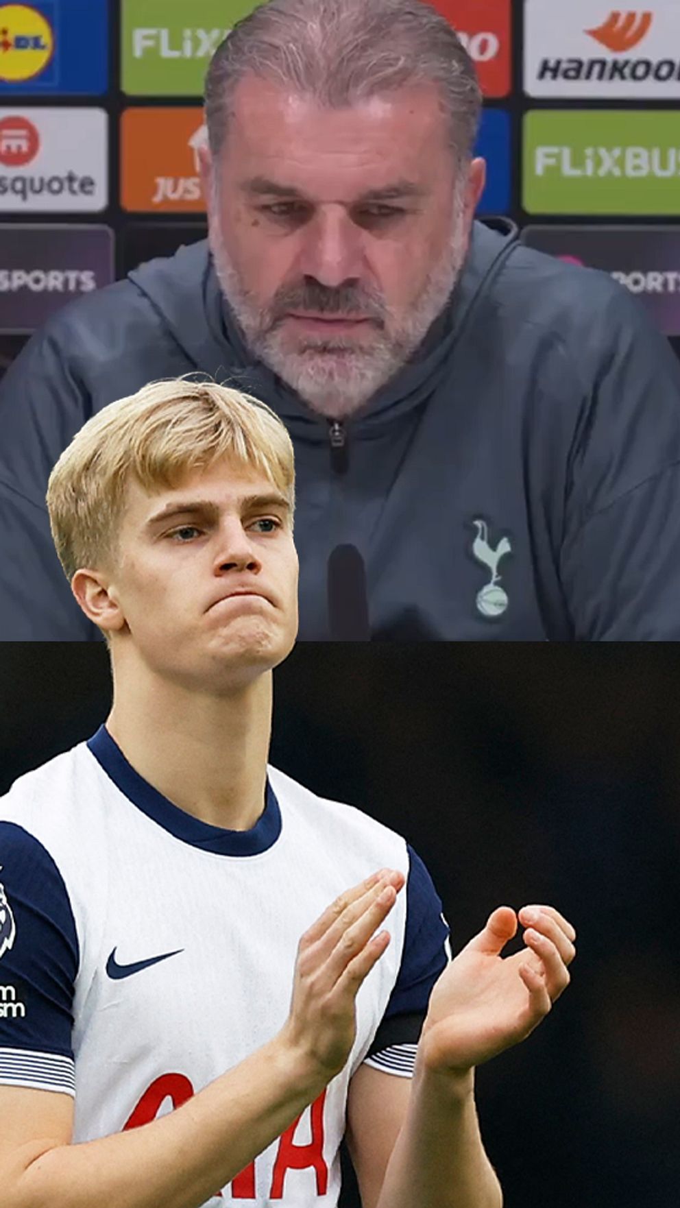 En delad bild visar två scener: den övre delen visar en person som deltar i en presskonferens med en bakgrund av olika företagslogotyper, medan den nedre delen visar en fotbollsspelare i Tottenham Hotspur-uniform som applåderar på en fotbollsplan.