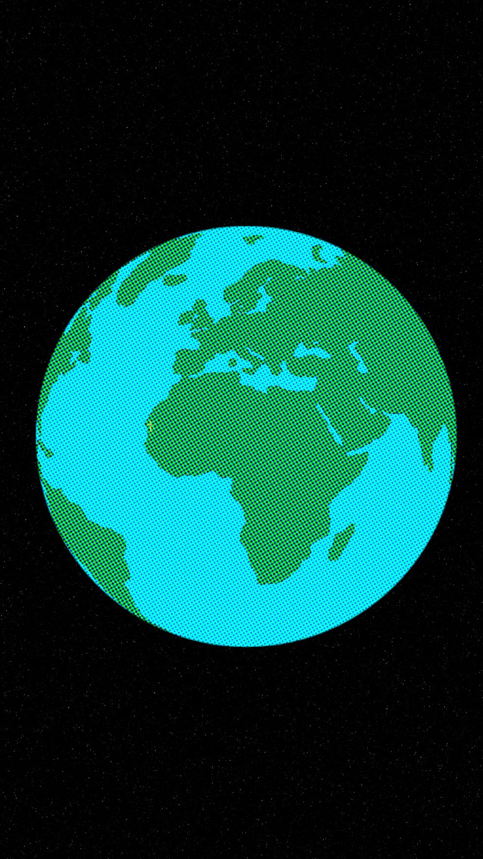 En stiliserad illustration av jorden som visar Afrika i grönt och haven i ljusblått, mot en svart bakgrund.