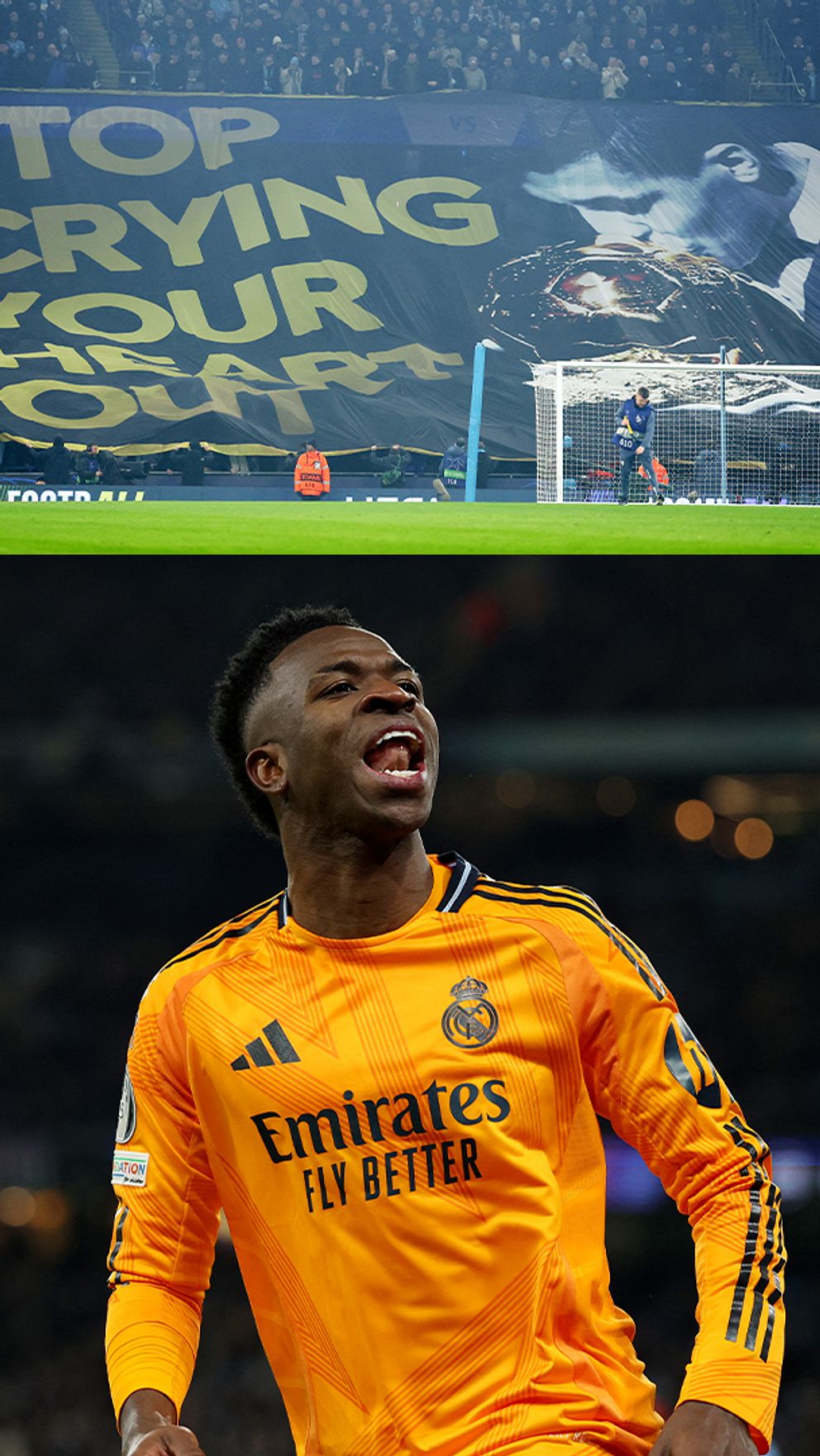 Översta delen av bilden visar en stor banderoll på en fotbollsarena med texten ”STOP CRYING YOUR HEART OUT”. Den nedersta delen visar en fotbollsspelare i en orange Real Madrid-dräkt på en upplyst fotbollsplan.