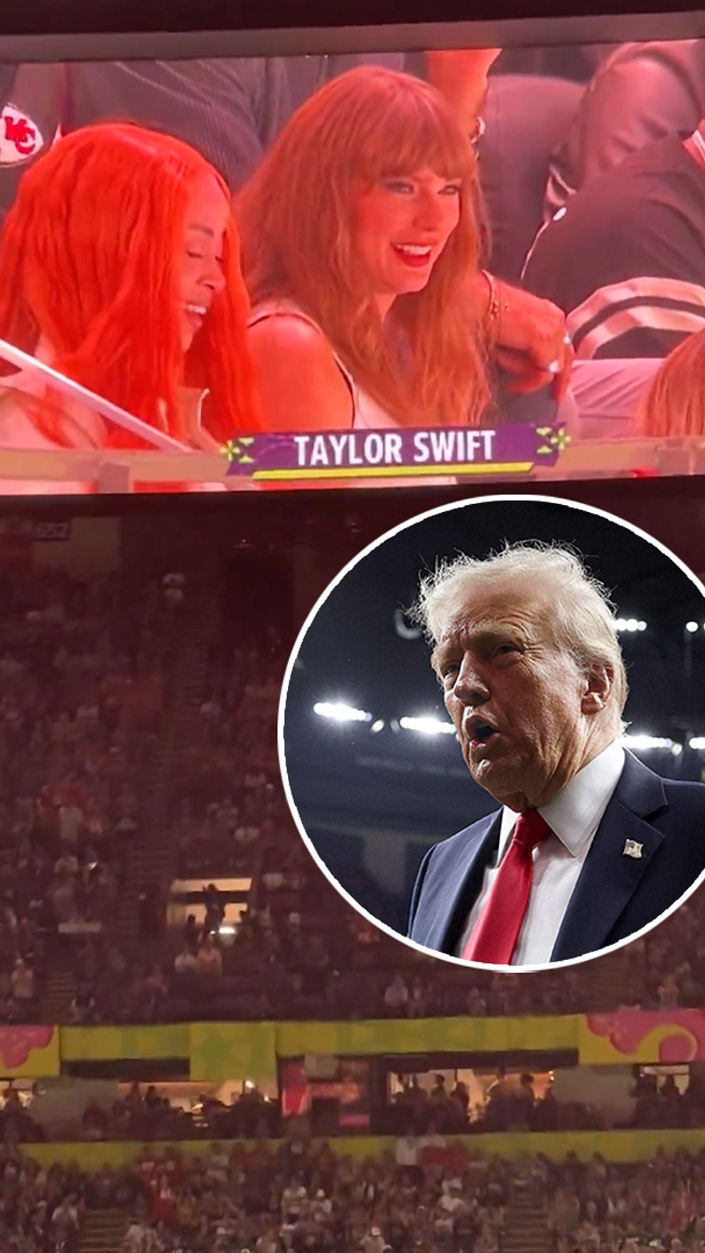 En tvådelad bild; den övre sektionen visar en publik där en person med långt rött hår är i förgrunden, ovanför står texten ”TAYLOR SWIFT”. Den nedre sektionen visar en arena fylld med människor och i en infälld cirkel syns en man i kostym.