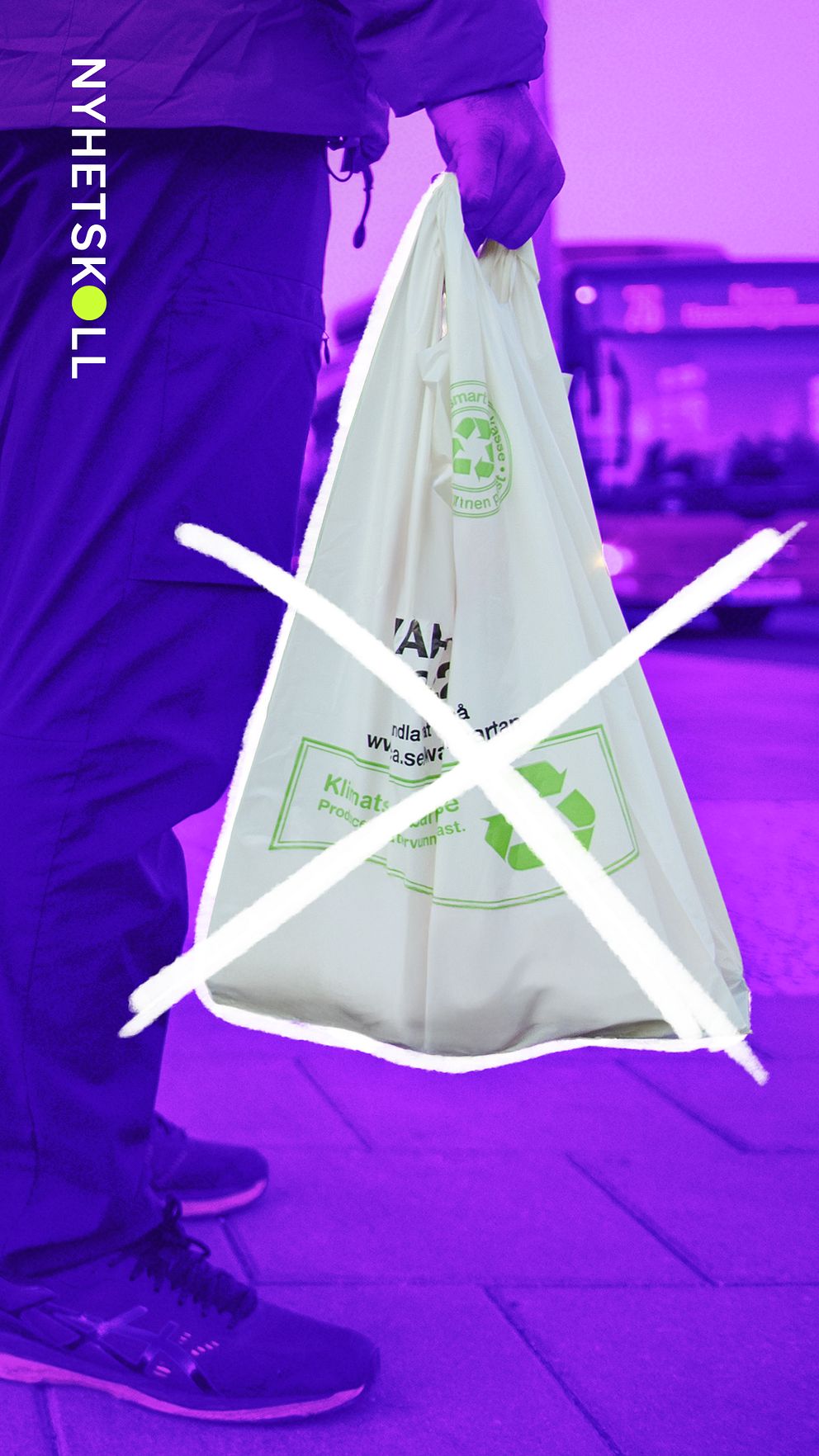 En plastpåse med ett kryss över, symboliserar förbud.