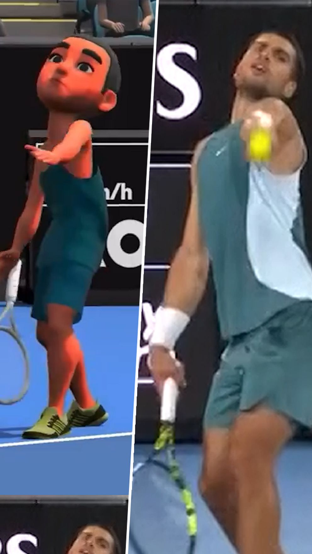 Dela bild som visar två olika tennisscenarier: till vänster en spelare som förbereder sig för en serve med racketen i beredskap, och till höger en spelare som slår en forehand med fokus på bollen. Båda spelarna är klädda i sportiga kläder och befinner sig på en tenniscourt.