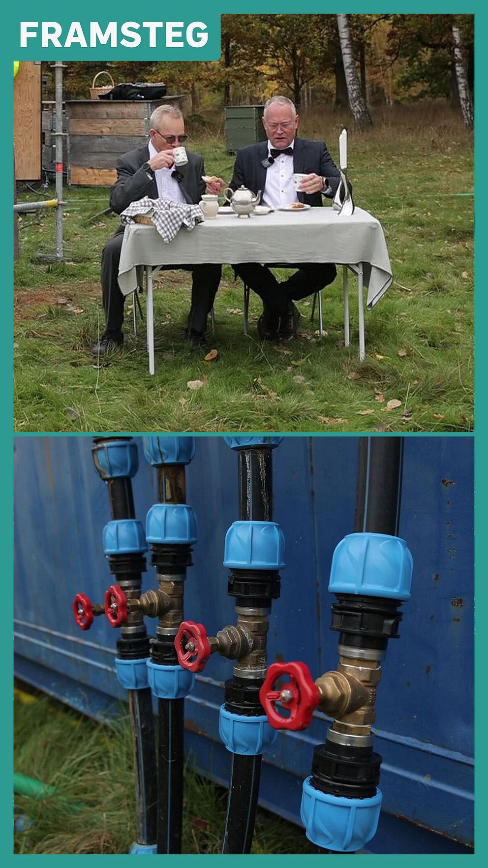 Två män dricker te utomhus med vatten uppvärmt av lagrad fjärrvärme; rörsystem i närbild.