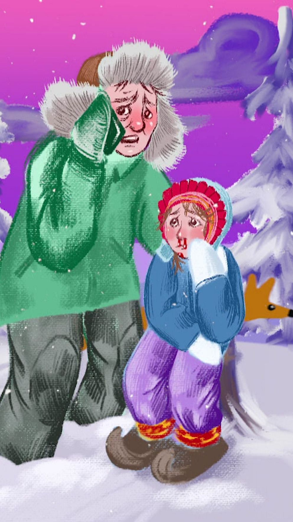 En vinterlig scen med snöigt landskap där två personer interagerar nära en gran, medan en annan person står till höger och pratar i mobiltelefonen. Den som pratar håller i något gult och ljust, vilket kan vara ett hantverk eller en juldekoration. Bakgrunden är fylld med rosa och lila nyanser, vilket ger en fantasifull atmosfär.