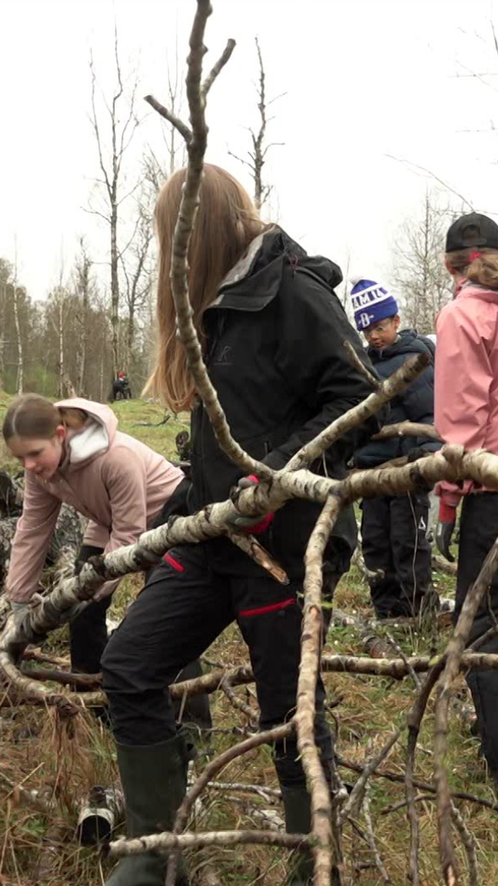 Delad bild. Vänster: barn samlar grenar i skog. Höger: person intervjuas utomhus.