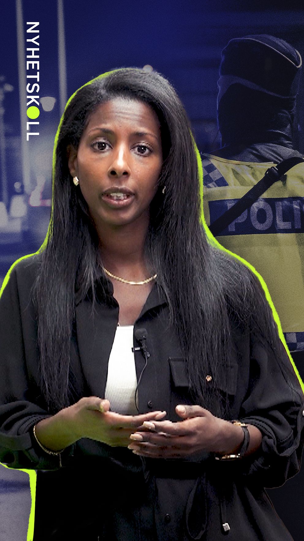 SVT:s krimreporter Sofia Yohannes framför en polis vid en brottsplats.