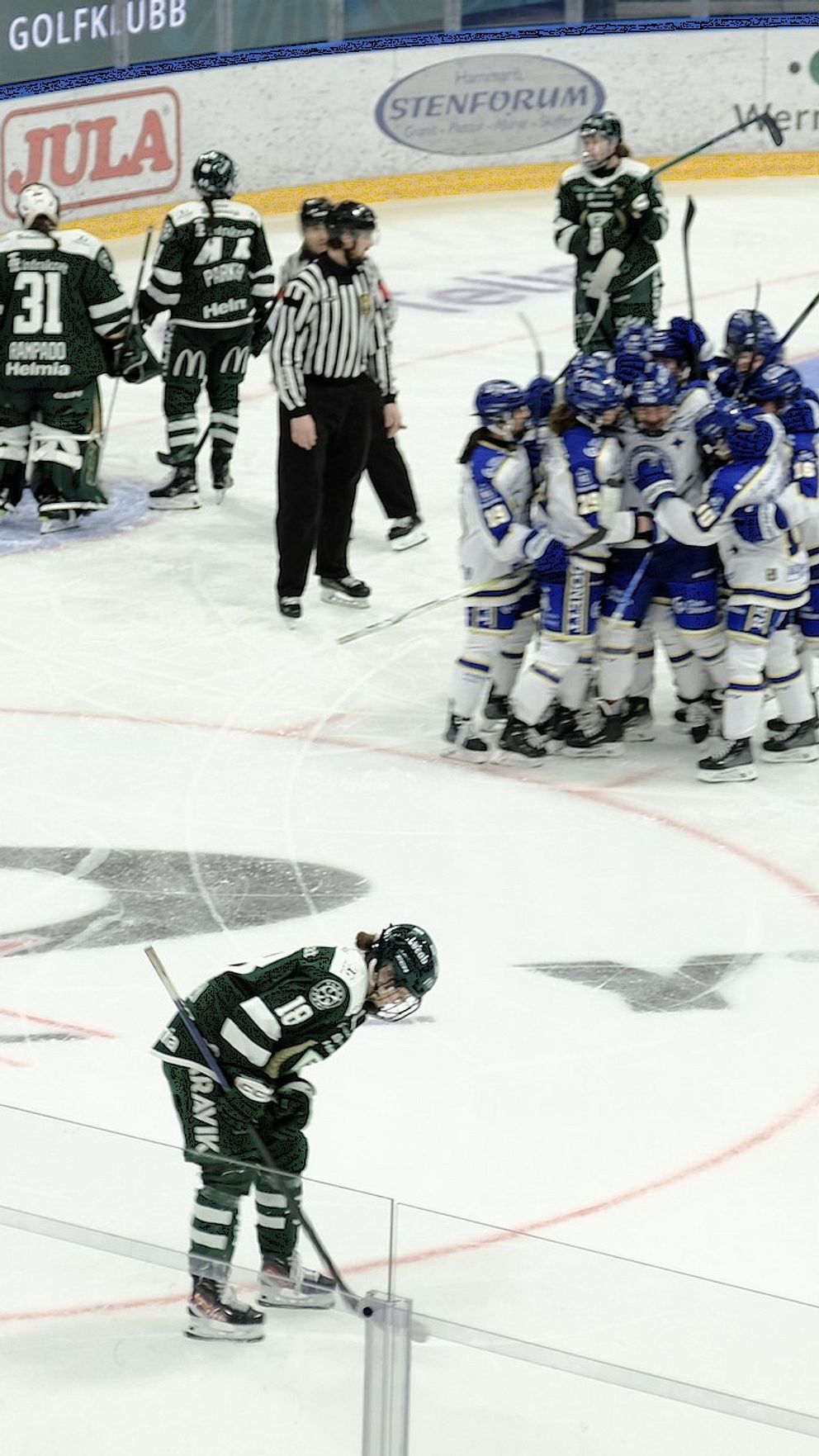Ishockeylag i blått firar mål medan motståndarlaget i grönt står bredvid målet.