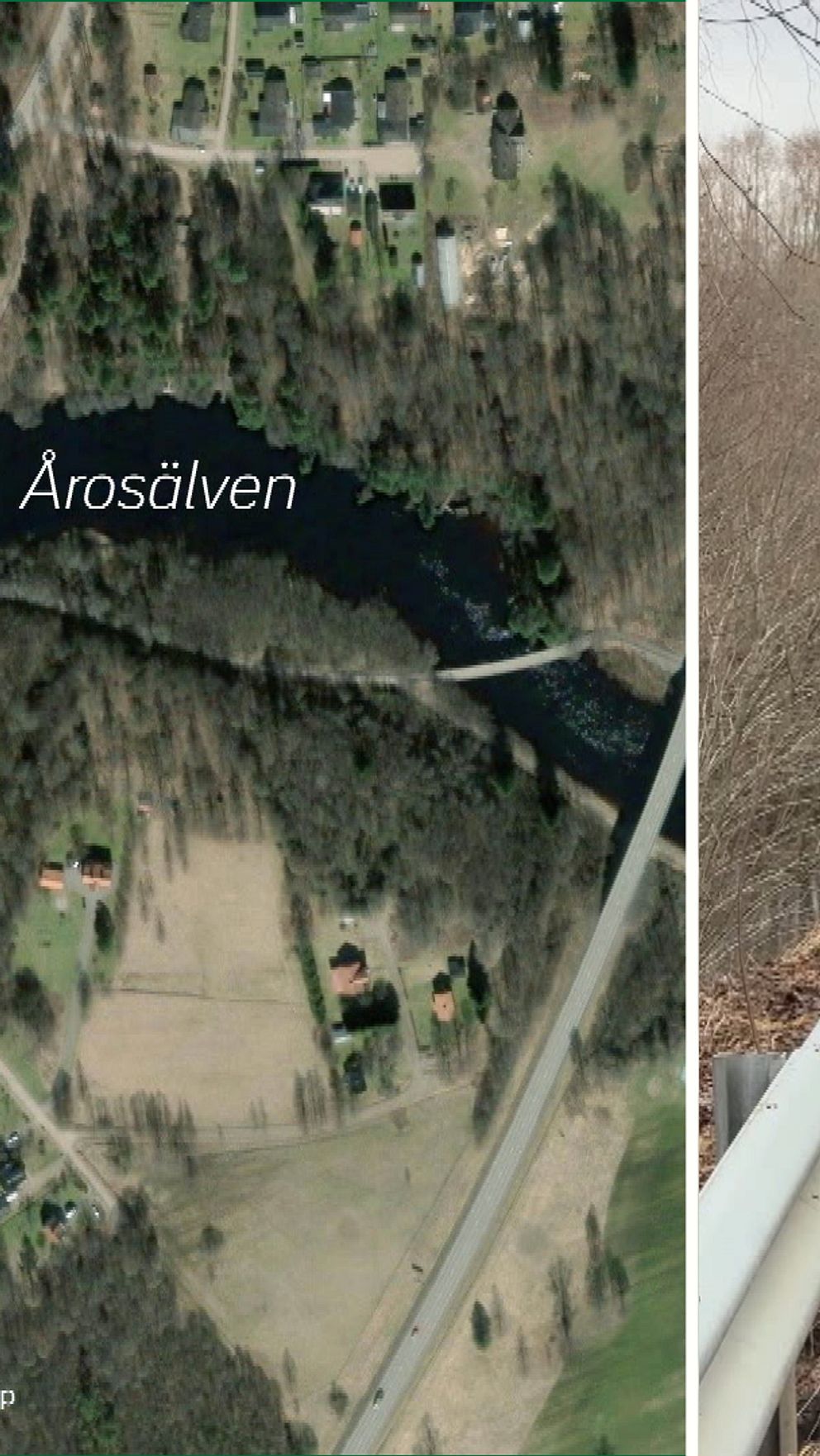 Tvådelad bild. Vänster: karta över Åsbroälven. Höger: arbetare lagar väg vid översvämning.