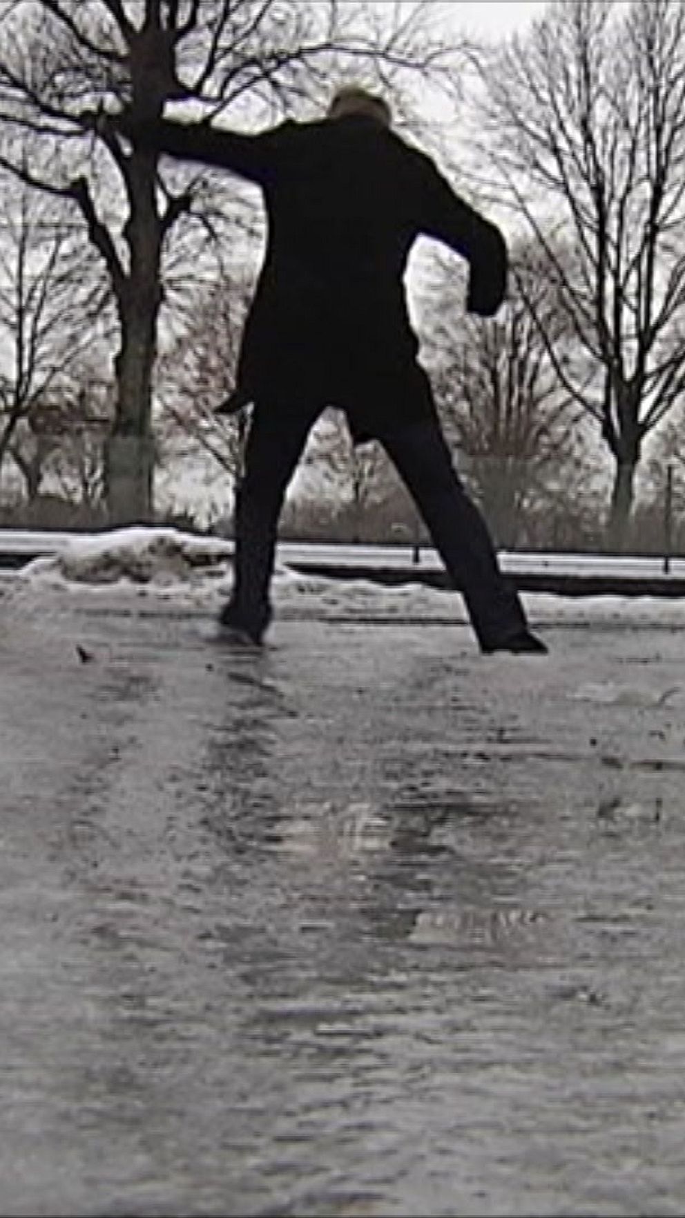 En person i svart kläder glider över en blank isyta i en park, omgiven av snöklädda träd under en mulen himmel.
