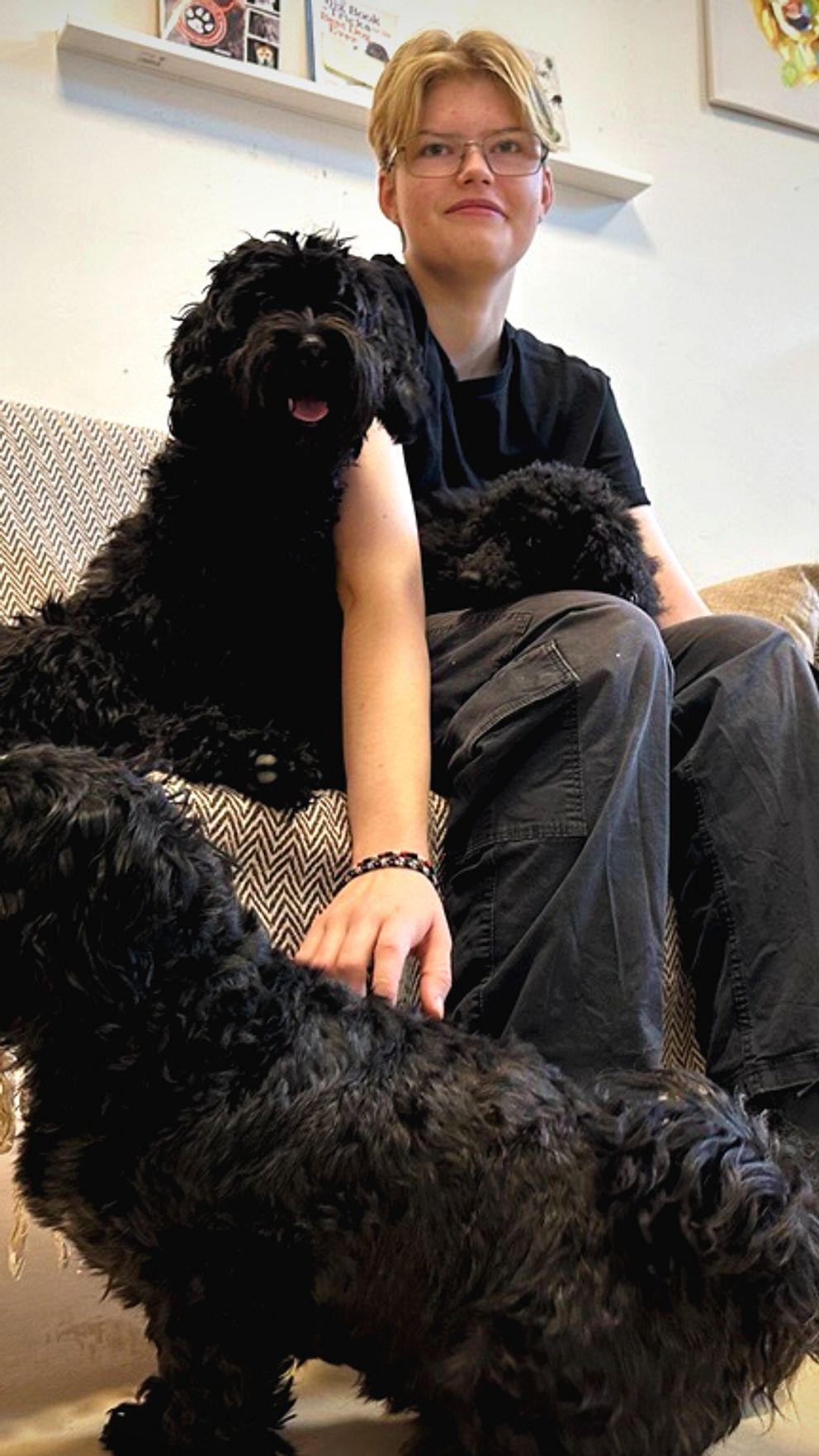 Simon sitter på en soffa omgiven av flera hundar, inklusive en svart hund som ligger över personens knä, en annan svart hund nära fötterna och en vit pomeranian i förgrunden.
