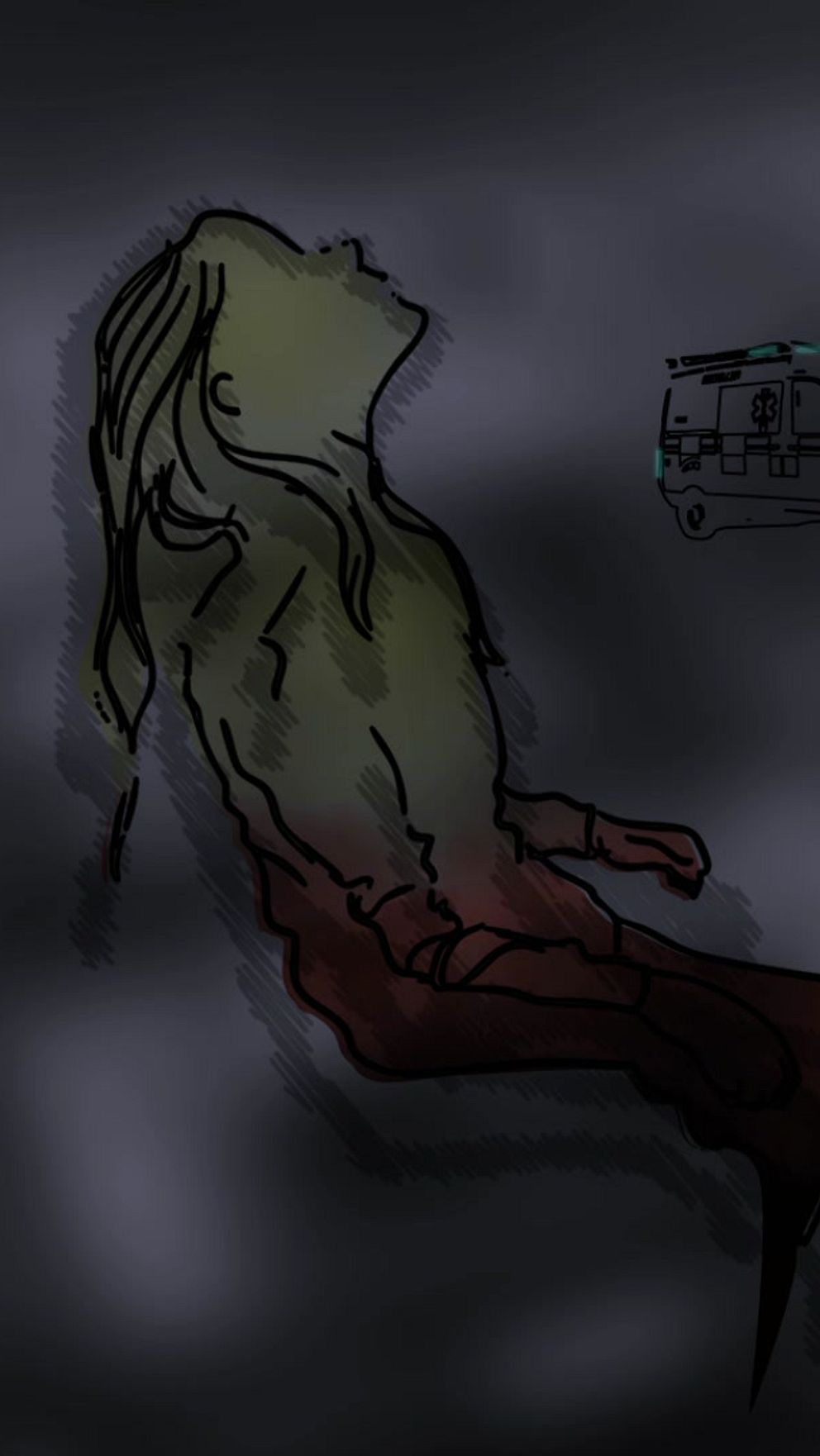 Illustration av en mystisk figur i mörk dimma, ansikte mot ett suddigt föremål.