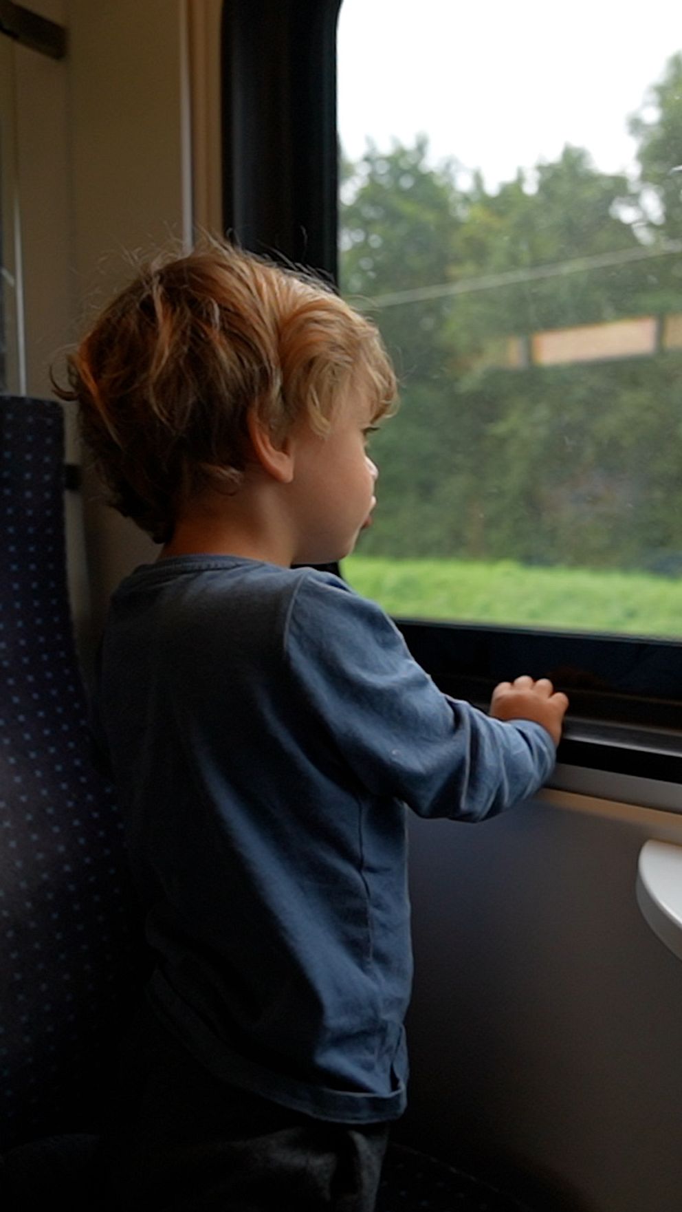 Liten pojke på tåg som kollar ut över terrängen.