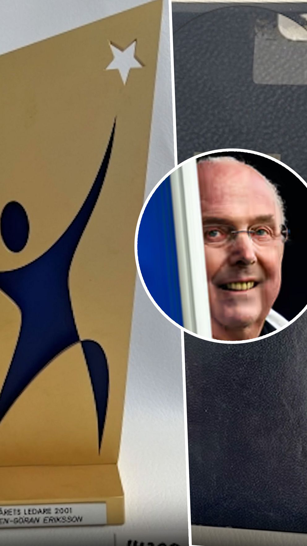 En delad bild som visar en gyllene trofé med en stjärna och en figur som hyllar prestationer, samt en mörk bakgrund med en otydlig silhuett av en person. Trofén är märkt ”ÅRETS LEDARE 2001” med namnet ”BEN-GÖRAN ERIKSSON”.