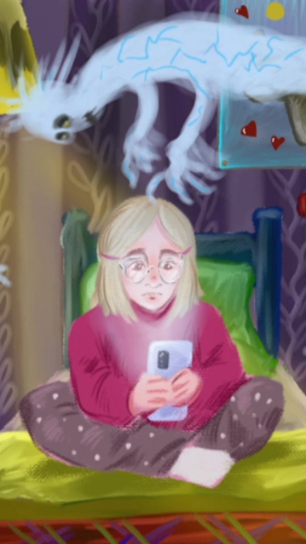 Ett barn sitter på en säng i ett mörkt rum och tittar på en mobiltelefon. Runt barnet sväva flera spöklika gestalter med lysande ögon. Rummets väggar är prydda med ett mönster, och en lampa hänger ovanför sängen. I fönstret syns ett annat spöke som kollar in. På sängen ligger en mjuk leksak.