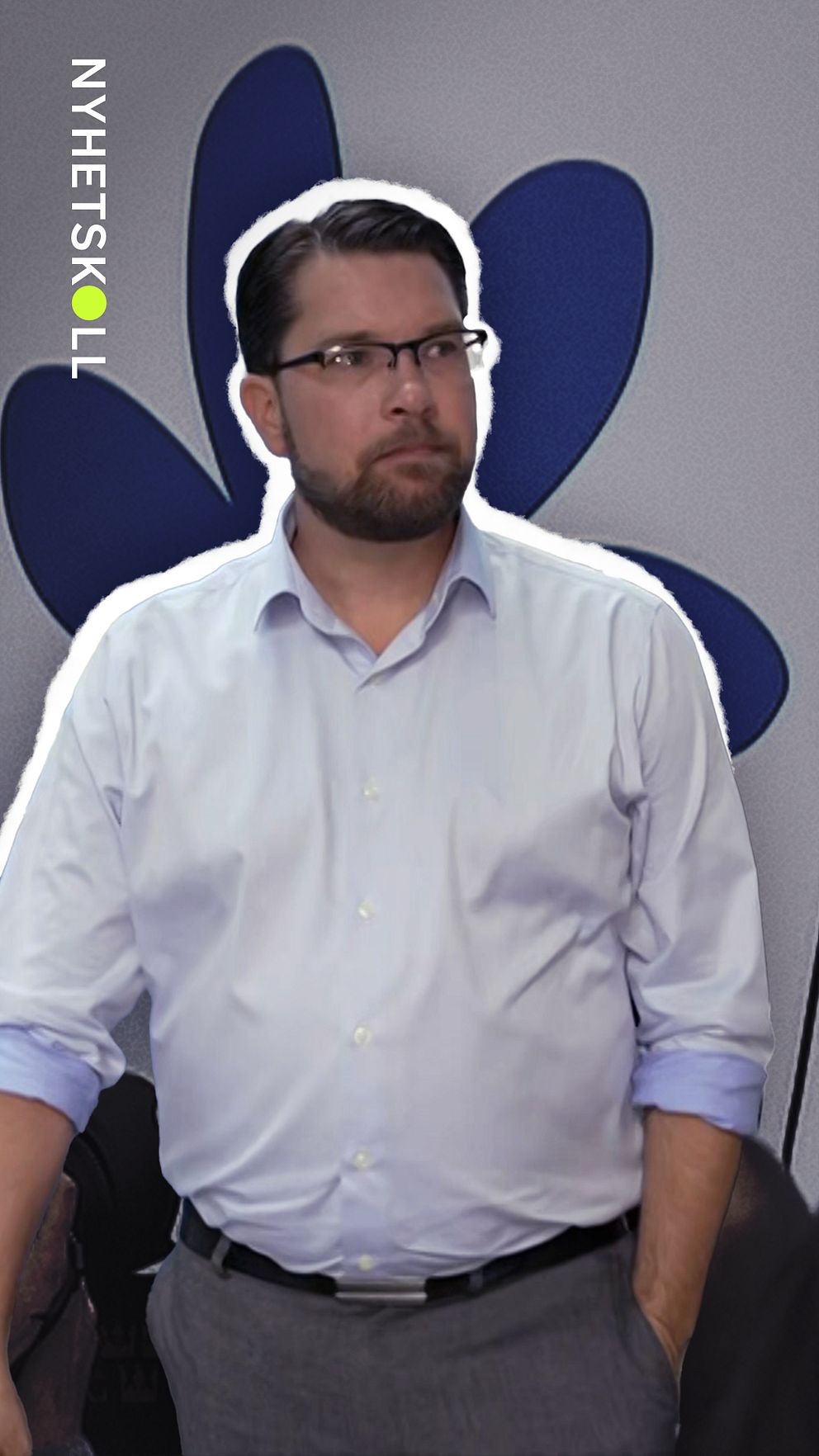 Jimmie Åkesson, som firar 20 år som partiledare för Sverigedemokaterna. I bakgrunden Sverigedemokraternas logga.