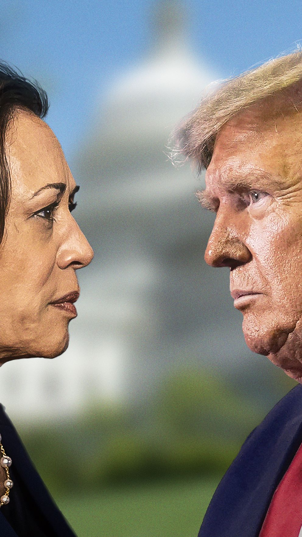 Demokraternas Kamala Harris och Republikanernas Donald Trump, kandidater i presidentvalet i USA, öga mot öga mot en suddig bild av Vita huset.