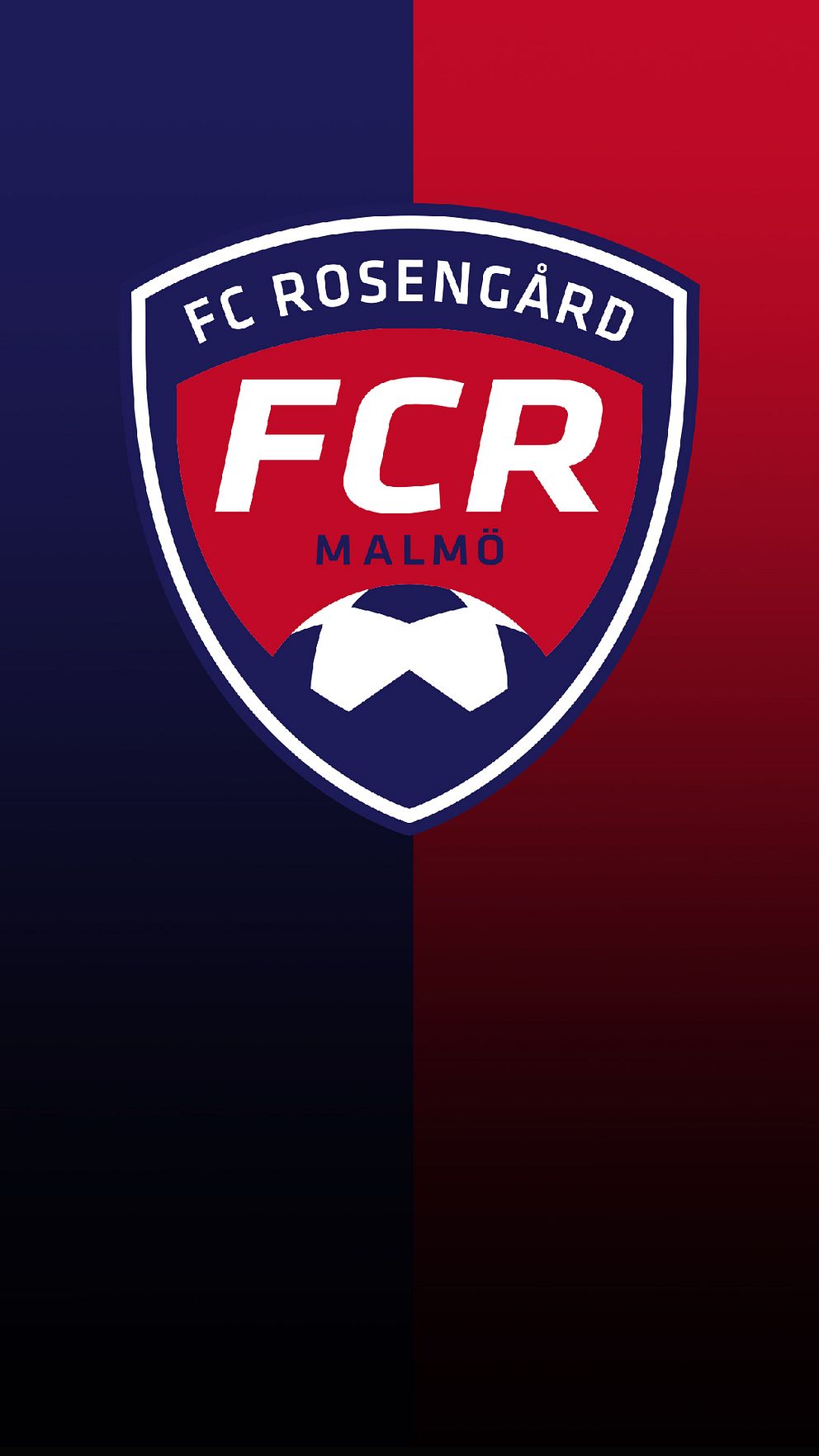 FC Rosengårds logotyp mot en blå och röd bakgrund.
