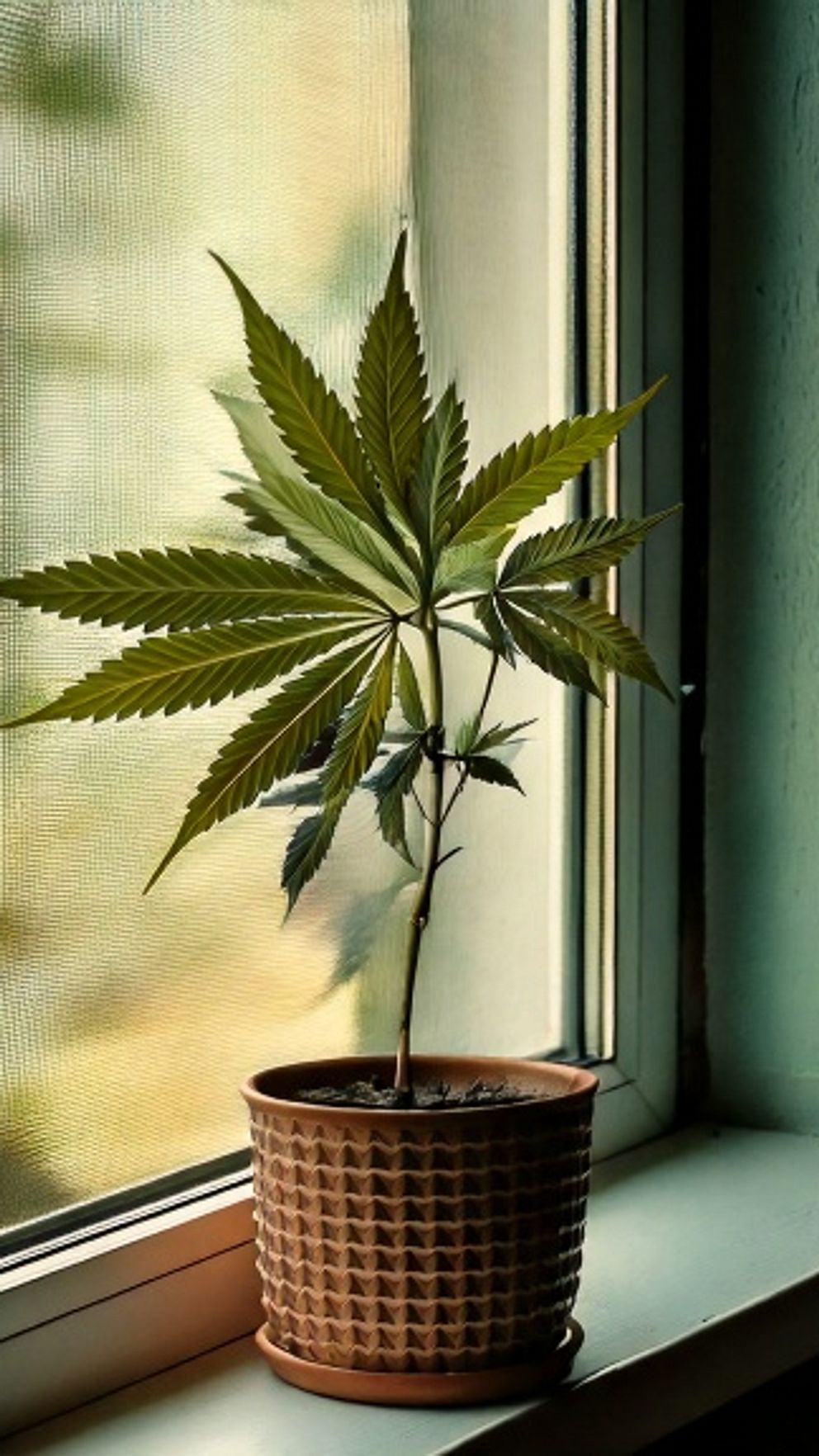 AI-genererad bild på en liten cannabisplanta i en kruka på en fönsterbräda.