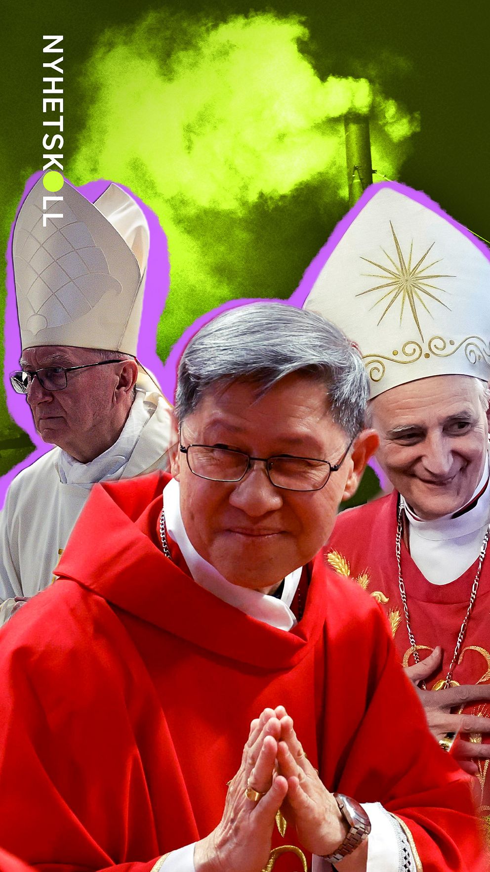 De tre påvekandidaterna Pietro Parolin, Luis Antonio Tagle och Matteo Zuppi. I bakgrunden, vit rök från vatikanens tak som berättar att en ny påve valts.
