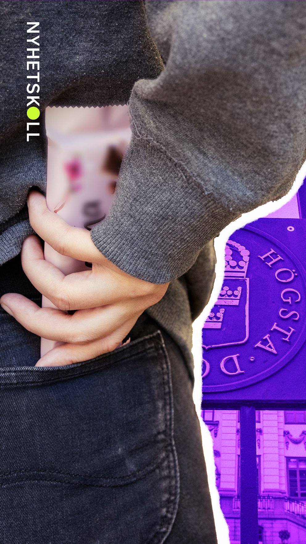 Tvådelad bild. Till vänster: person stoppar föremål i bakfickan på jeans, vilket ska föreställa snatteri. Till höger: Högsta domstolen.
