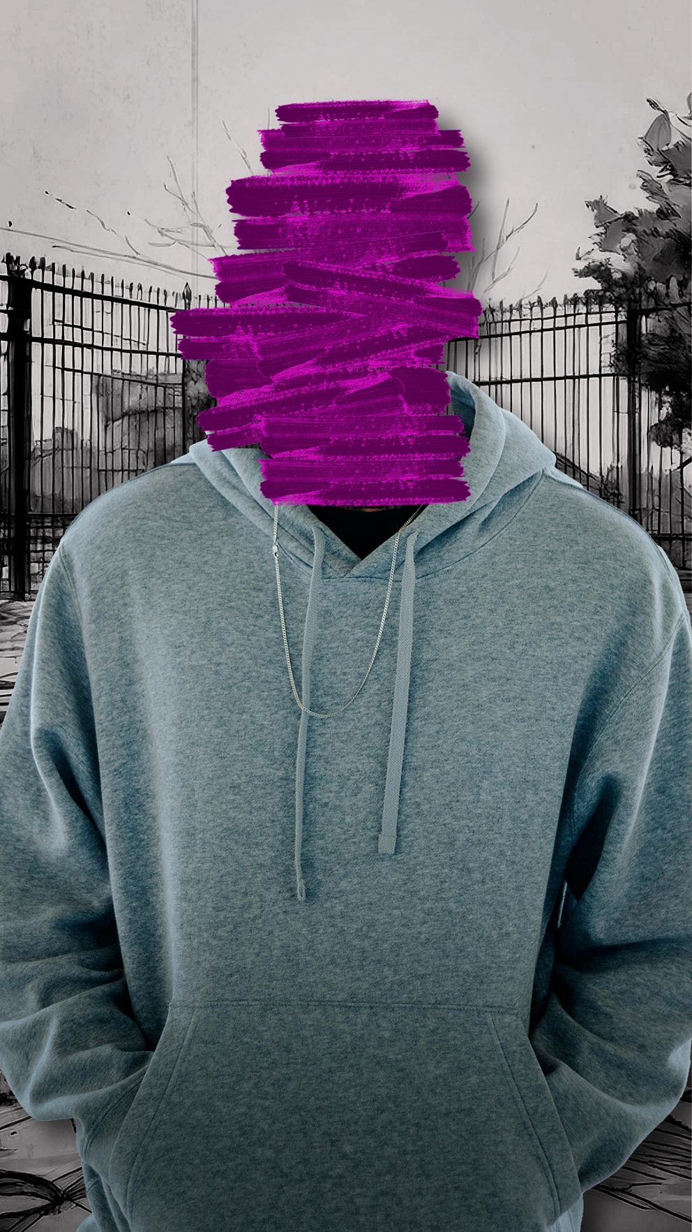 En person i en grå hoodie står med händerna i fickorna. Ansiktet är täckt av ett abstrakt, lila mönster som ser ut som överlappande penseldrag. I bakgrunden syns en svart stängselstruktur och träd utan löv, vilket ger en urban känsla.