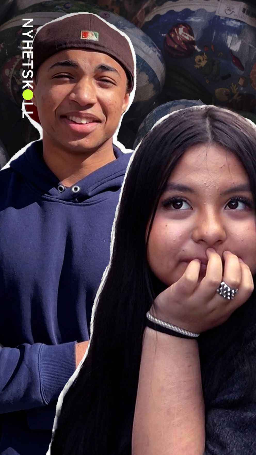 En ung kille med keps och en ung tjej med långt hår som har handen för munnen och tittar upp. De står inklippta mot en bakgrundsbild som visar påskägg.
