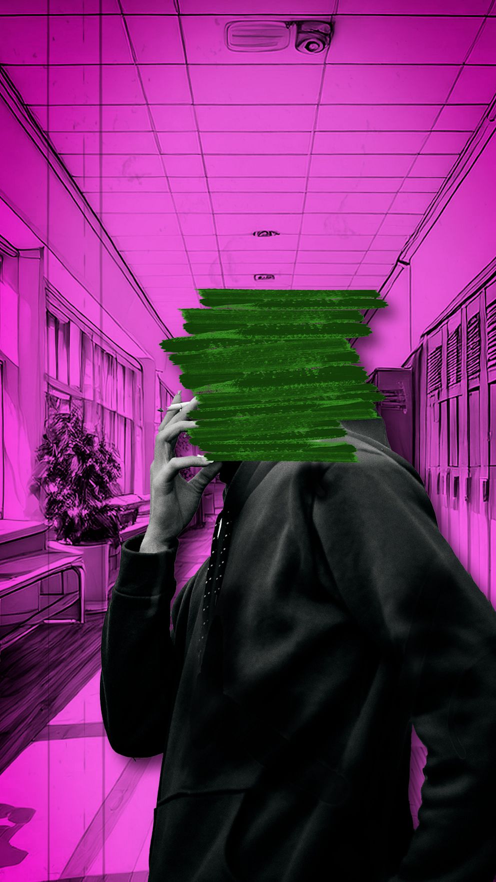 En person står i en färgglad korridor som domineras av rosa toner. Deras ansikte är delvis dolt av grönt, vilket ger en anonymiserad effekt. Korridoren har fönster och en planta synlig i bakgrunden, vilket skapar en kontrast mot den vibrerande miljön.