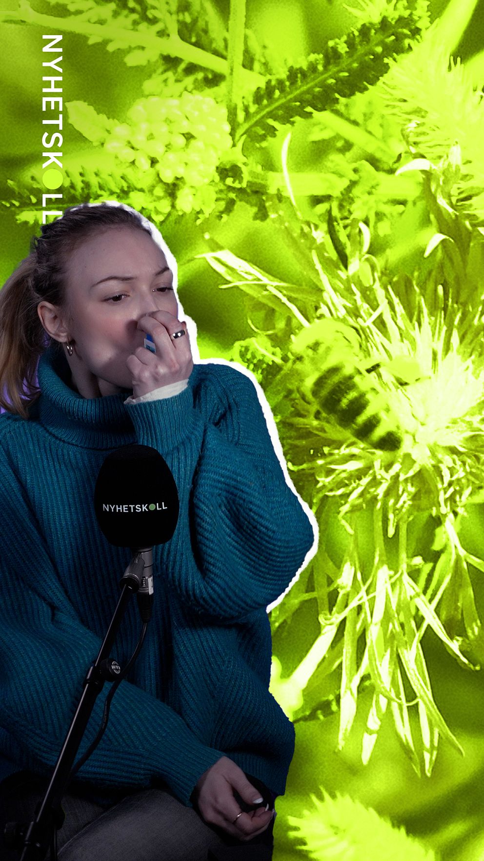 Nyhetskolls reporter Tea Lange håller i en astma-inhalator och andas in med den. I bakgrunden syns ett bi som pollinerar en blomma. Detta eftersom det är vår och det innebär pollensäsong. Men vad är sant eller falskt om snuvsäsongen?