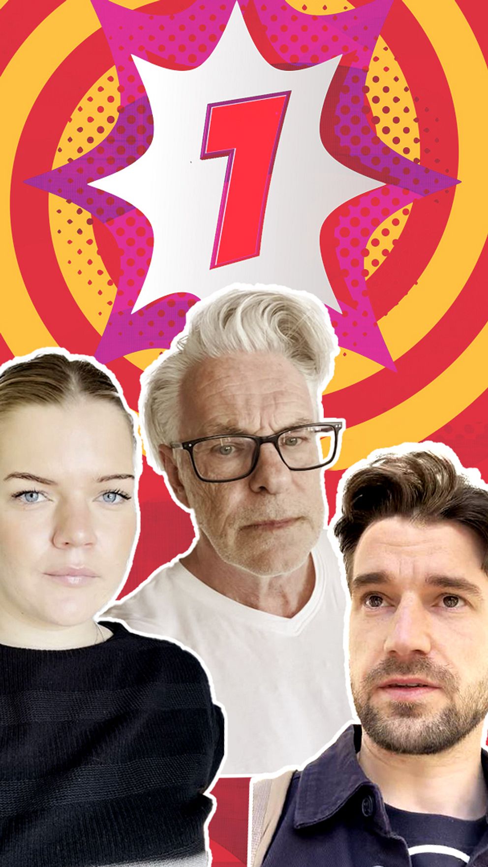 Tre personer framför en röd bakgrund med en stor nummer 1 och stjärna.